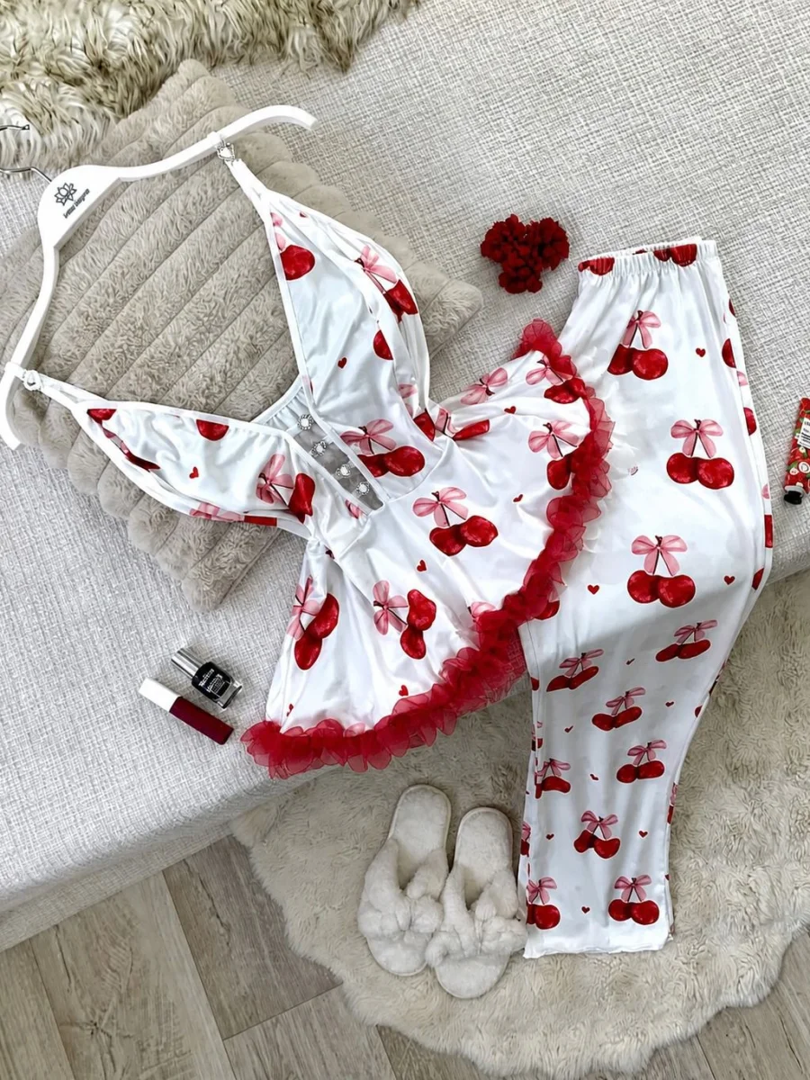 Yeni Sezon Kiraz Desenli Saten Pijama Takımları🍒